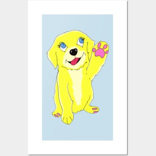 Cute Golden Retriever Puppy Waving Cartoon Style Posters and Art